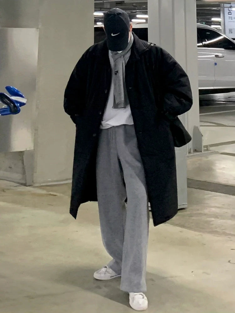 고급 남성용 겨울 무릎 길이 면 패딩 코트 재킷, 한국풍 루즈핏 두꺼운 라펠 면 의류