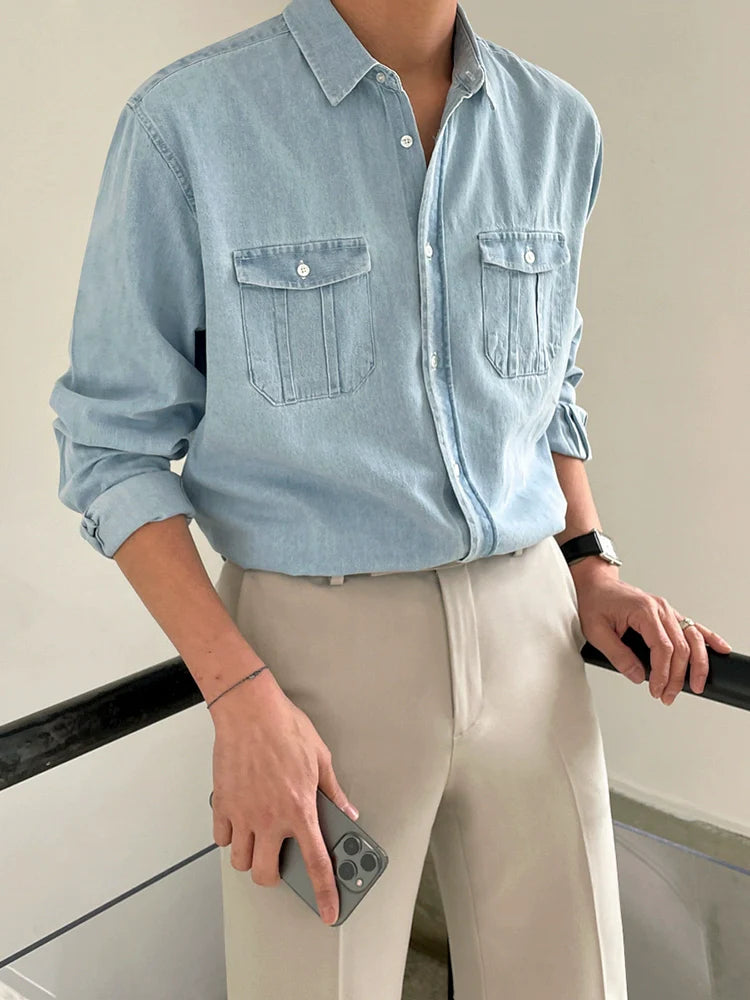 Retro denim long-sleeved shirt men's high-end Korean loose blue shirt tooling inch