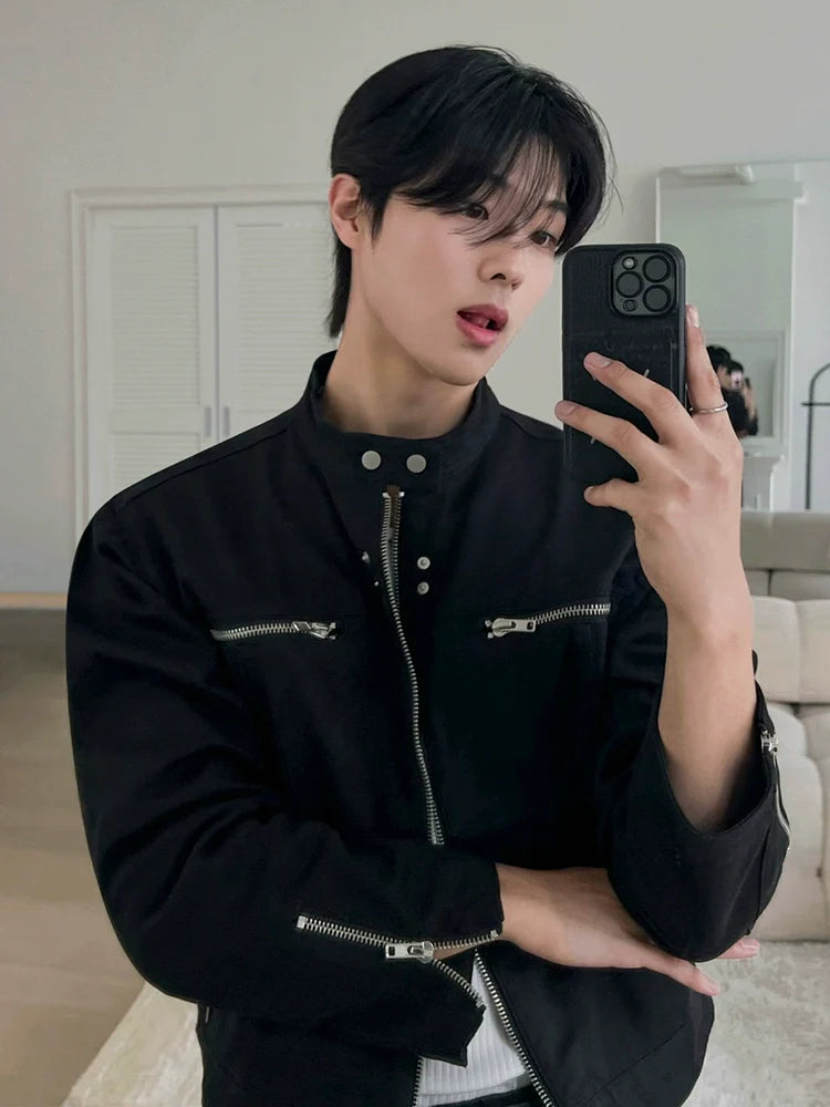 고급스러운 남성용 봄철 기능성 반팔 재킷, 루즈핏 스탠드업 칼라 재킷, 한국 트렌드의 멋쟁이 스타일 상의