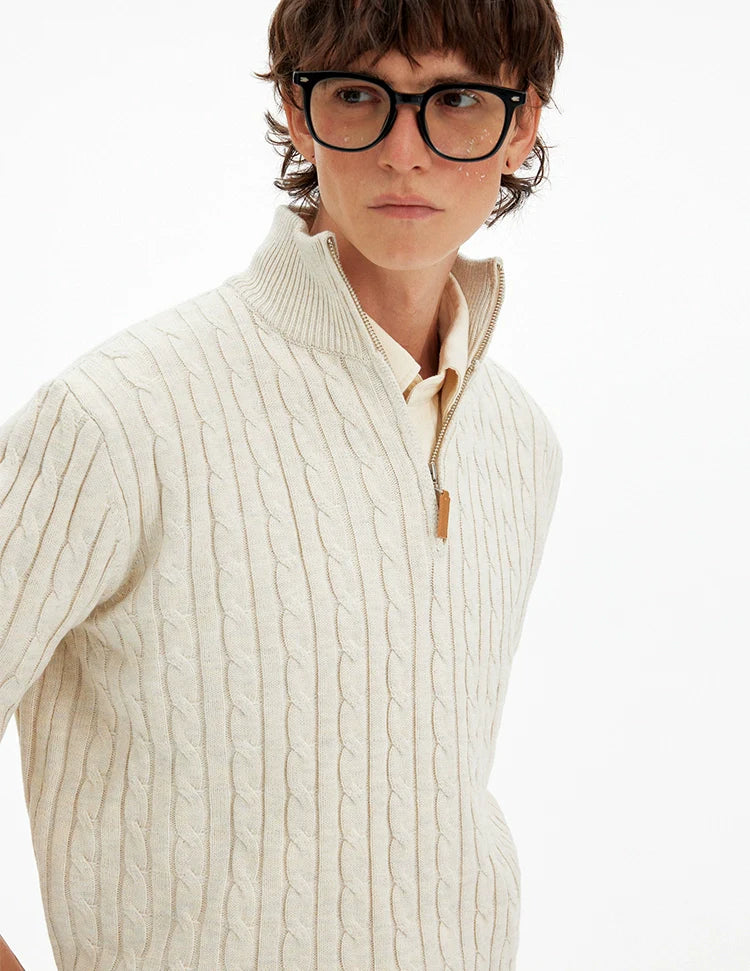 미국 레트로 스타일의 트위스트 하프 지퍼 스웨터, 남녀 공용, 가을/겨울 캐주얼, 느긋한 바람에 어울리는 부드럽고 윤기 있는 니트 스웨터, 트렌디한 디자인