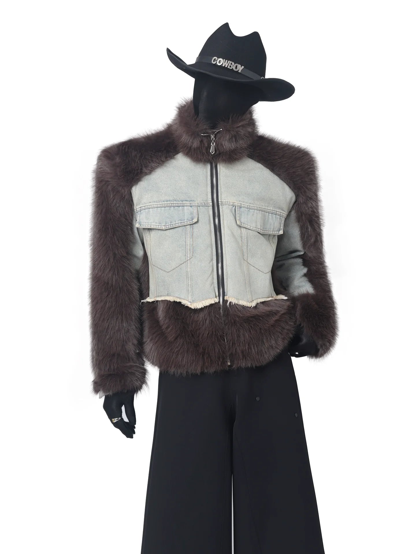 Mountain carving series splicing denim jacket men's autumn and winter light luxury plush imitation mink jacket