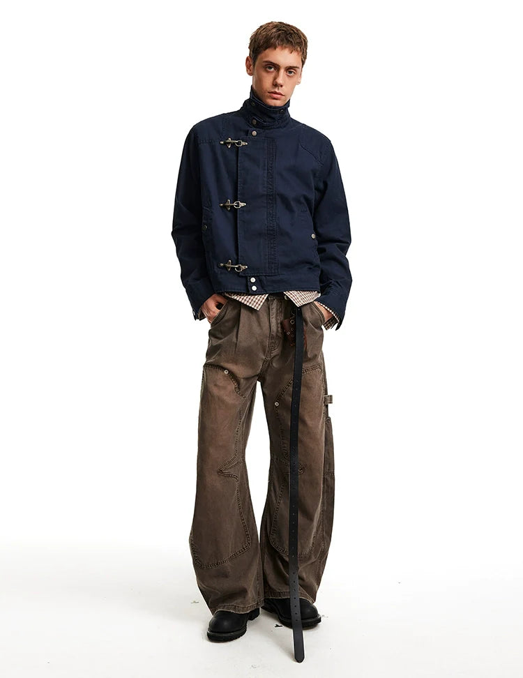 Retro high-end aircraft buckle design stand-up collar jacket for men and women, ruffian handsome high street short and wide tooling jacket