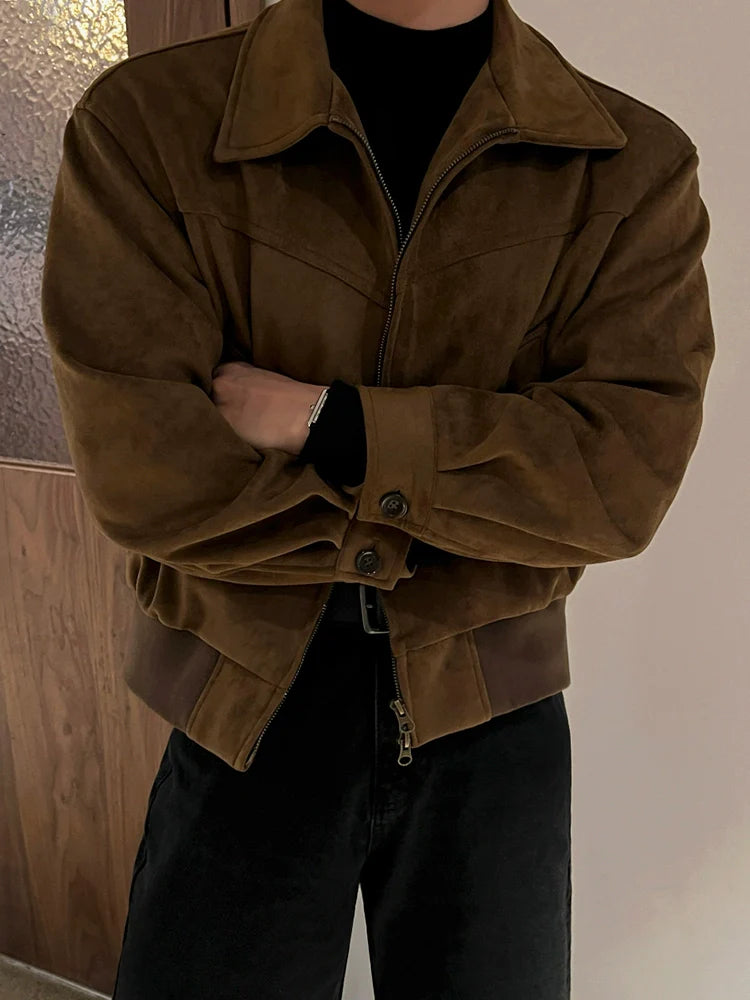 Retro style short leather jacket men's autumn and winter imitation suede lapel jacket Korean commuter wear