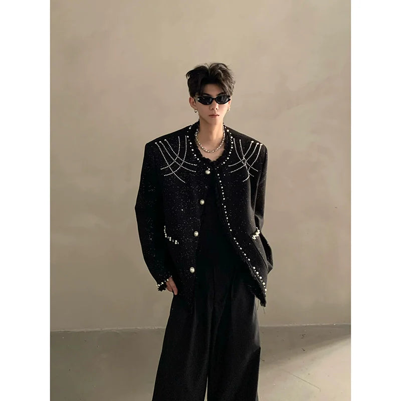 틈새시장 고급 중공업 비즈 디자인 어깨 패드 소형 향기 재킷 남성용 상의