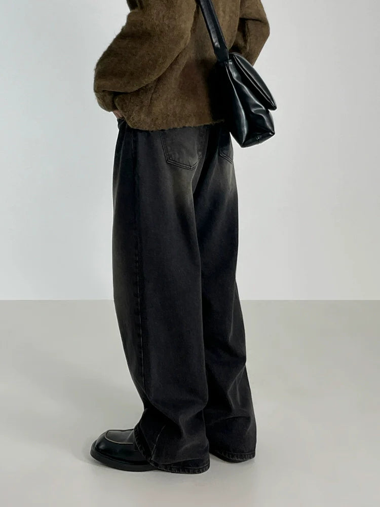 Retro washed drape thickened jeans men's autumn and winter new Korean loose wide-leg straight pants