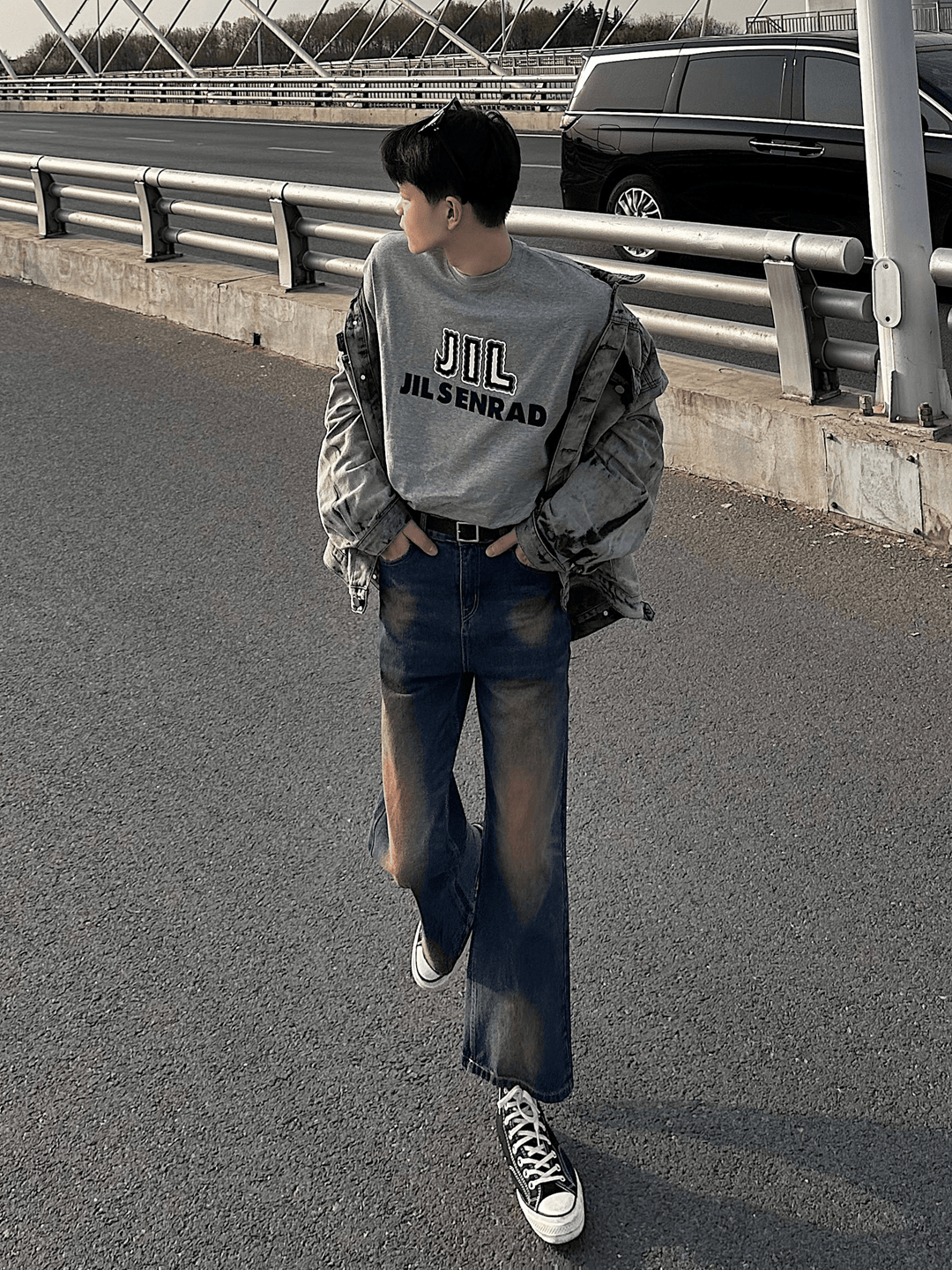 워싱 처리된 대비되는 색상의 와이드 레그 진 st1664