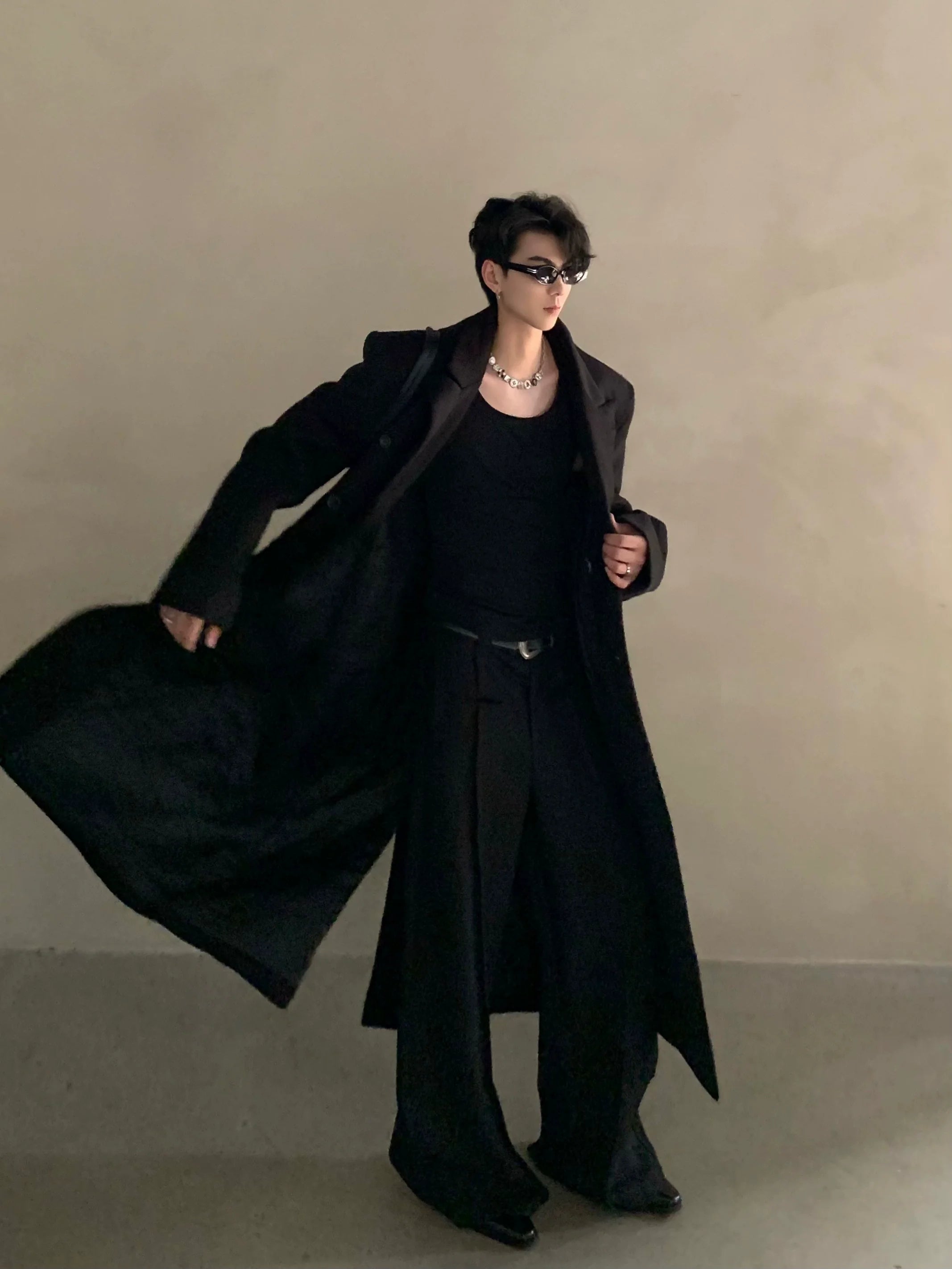 겨울용 어깨 패드 실루엣 울 코트, 남성용 긴 더블 브레스트 프리미엄 트렌치 코트