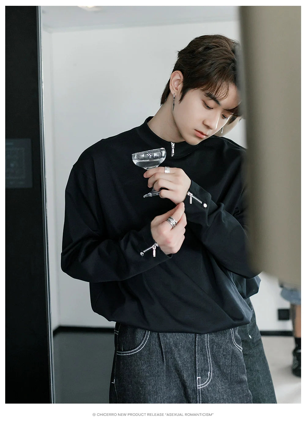 Men's spring zipper design sense inner bottoming shirt thin white long-sleeved T-shirt tide