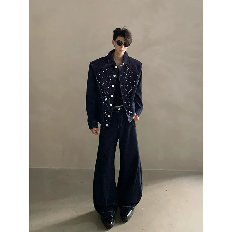 니치 하이엔드 감각의 가볍고 고급스러운 다이아몬드 진주 디자인 데님 재킷, 남성용 멋쟁이 패션 수트, 트렌디한 스타일