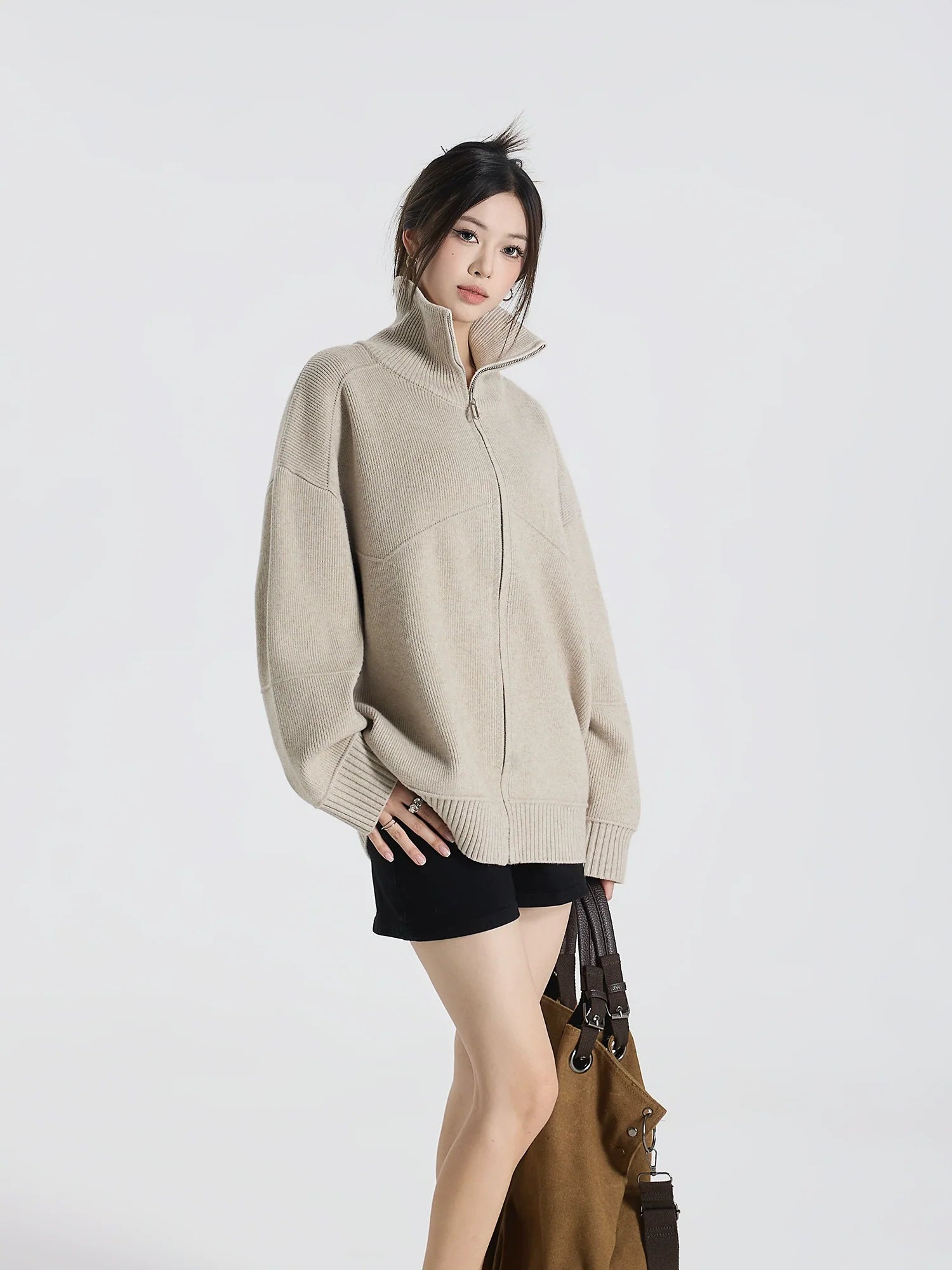 Barn style high luxury contrasting color lapel knitted cardigan jacket versatile sweater top