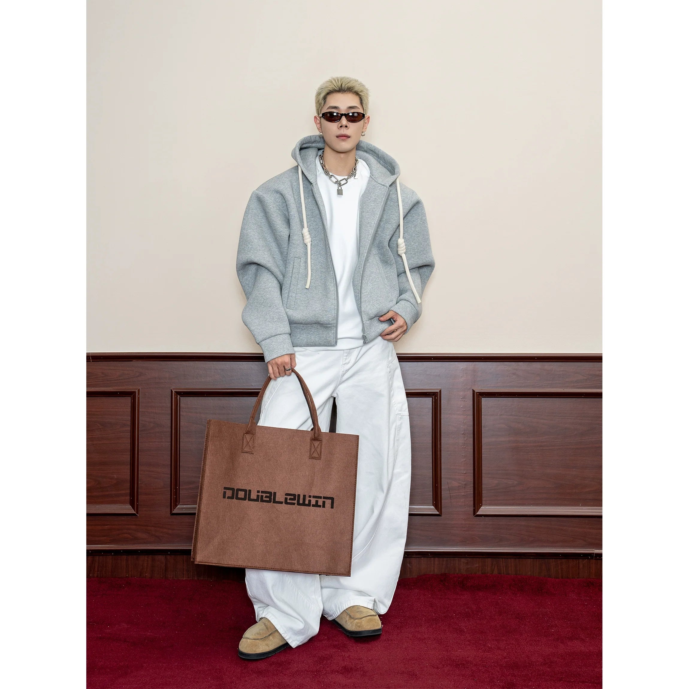 Handmade braided rope solid color hooded American casual sweater men's spring 500g heavy loose cardigan jacket