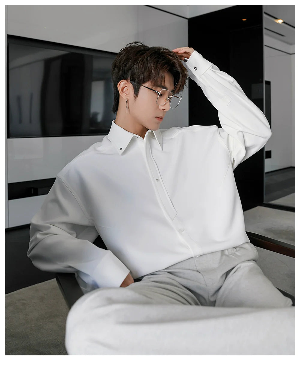 Men's Loose Casual Lapel Shirt Men's Solid Color Premium Tie Long Sleeve Shirt