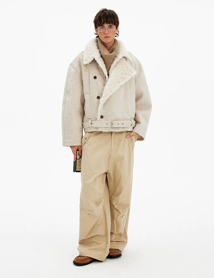 Vintage high-end double-breasted fur collar cotton clothes men's and women's winter casual wool blended warm jacket