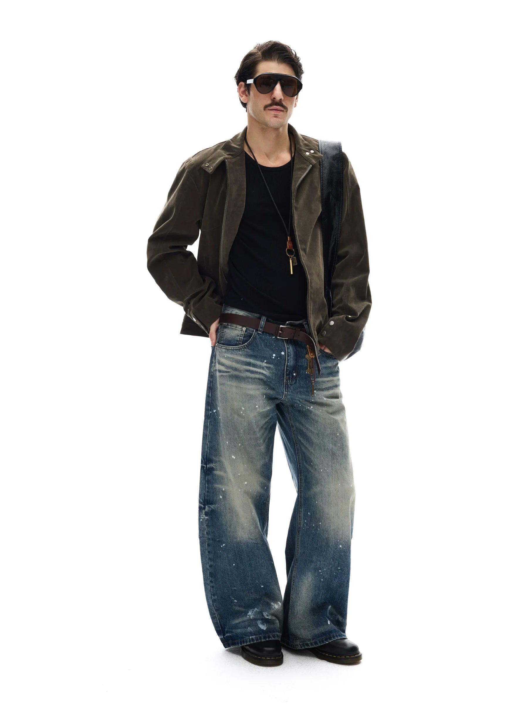 모던 스트리트 레트로 스웨이드 툴링 스탠드업 칼라 재킷, 남녀공용 캐주얼 디컨스트럭션 스플라이싱 숏 코트