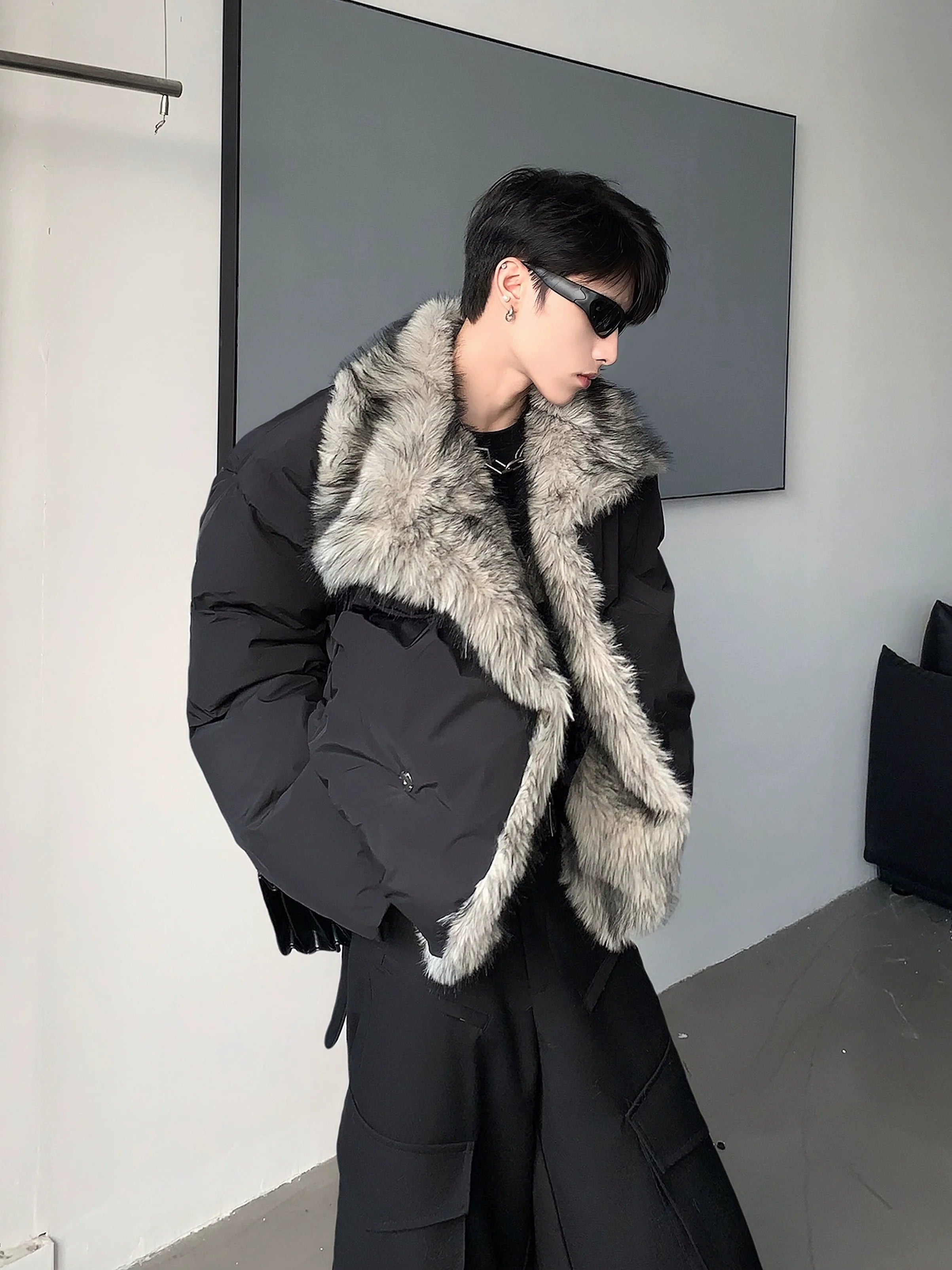 호화로운 느낌의 풍성한 모피 칼라, 인조 밍크 가죽 안감, 남성용 겨울 두꺼운 클린핏 면 재킷, 트렌디한 스타일