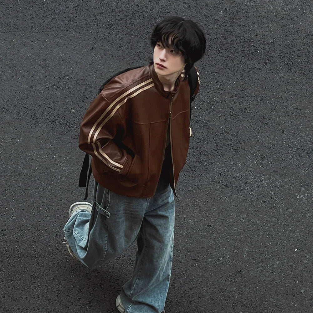 마이야르 스타일 가죽 재킷 남성용 가을 루즈핏 스탠드업 칼라 한국 트렌드 모터사이클 가죽 재킷