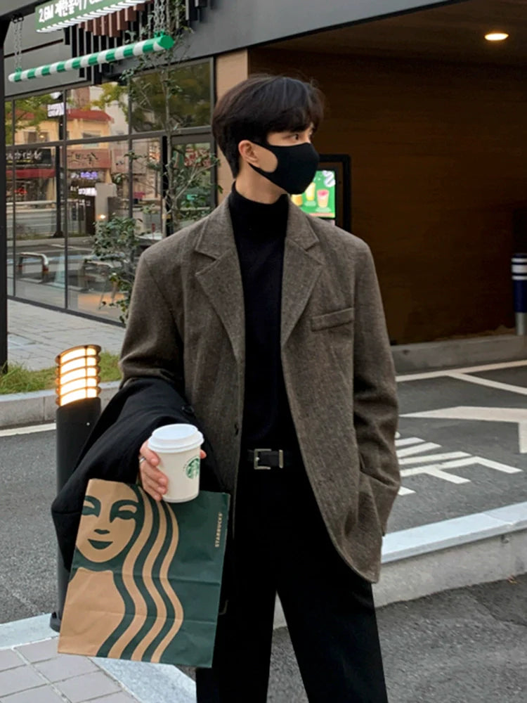 Woolen blazer Men's autumn and winter Korean loose trend thickened high-end small suit top