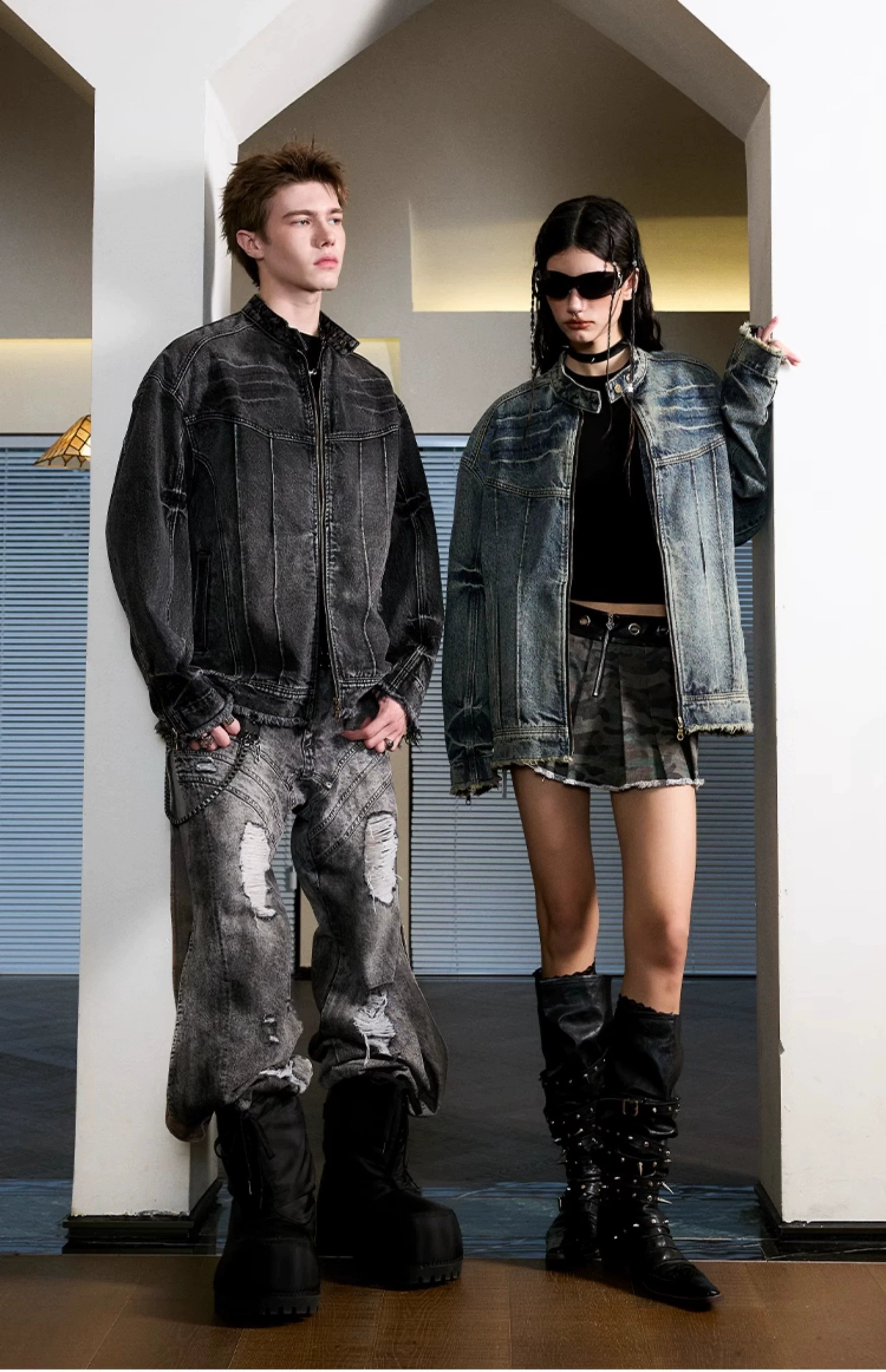 Heavy washed denim jacket American high street stand-up collar jacket SIN0992