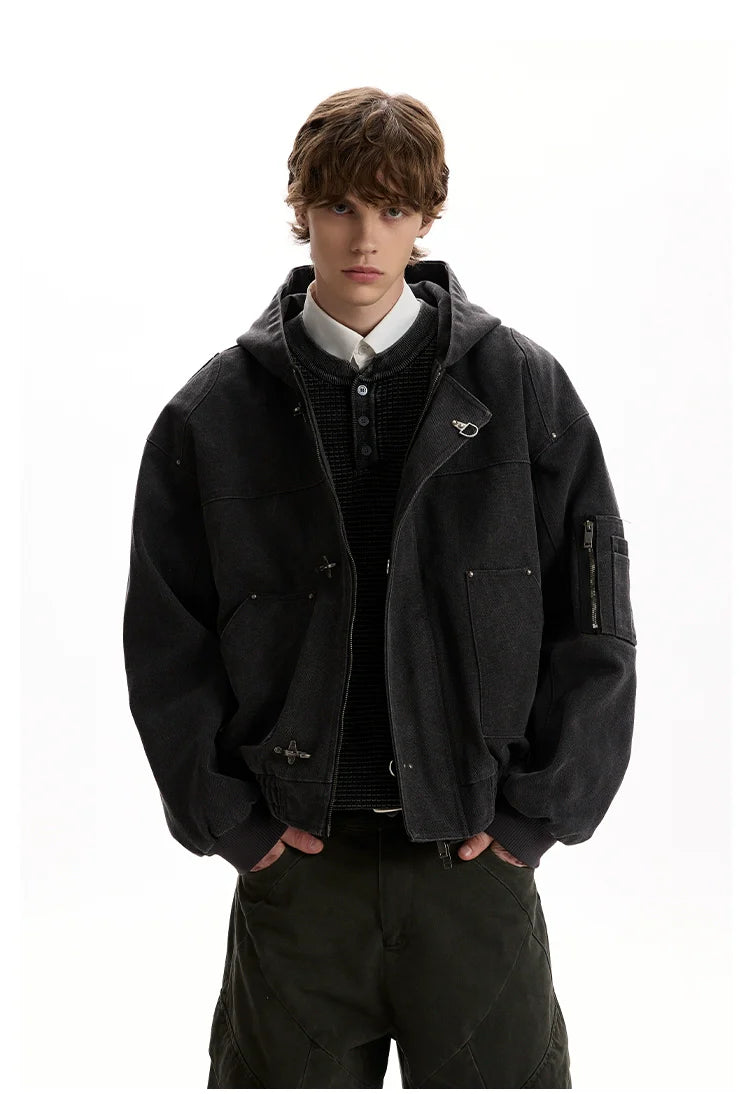 Vintage washed old plane buckle design hooded jacket SIN0952