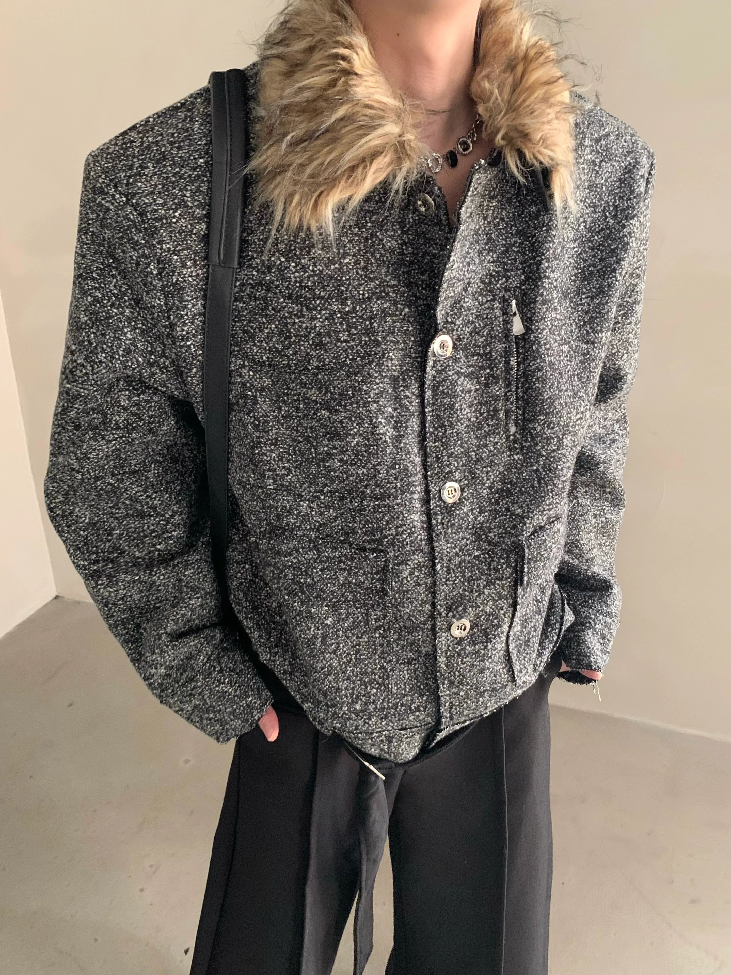 Winter niche light luxury fur collar shoulder padded small fragrant jacket men's high-end short padded jacket