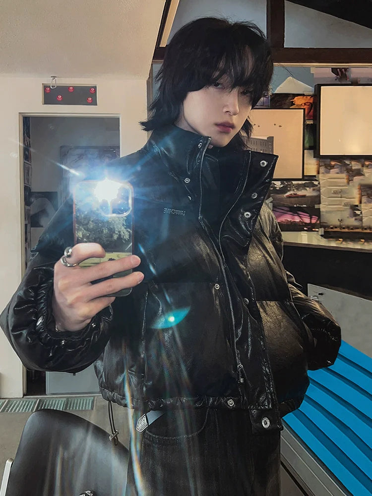 고급 인조가죽 소재의 남성용 겨울 루즈핏 따뜻한 루즈핏 재킷, 한국 트렌디한 스탠드업 칼라 면 소재 의류