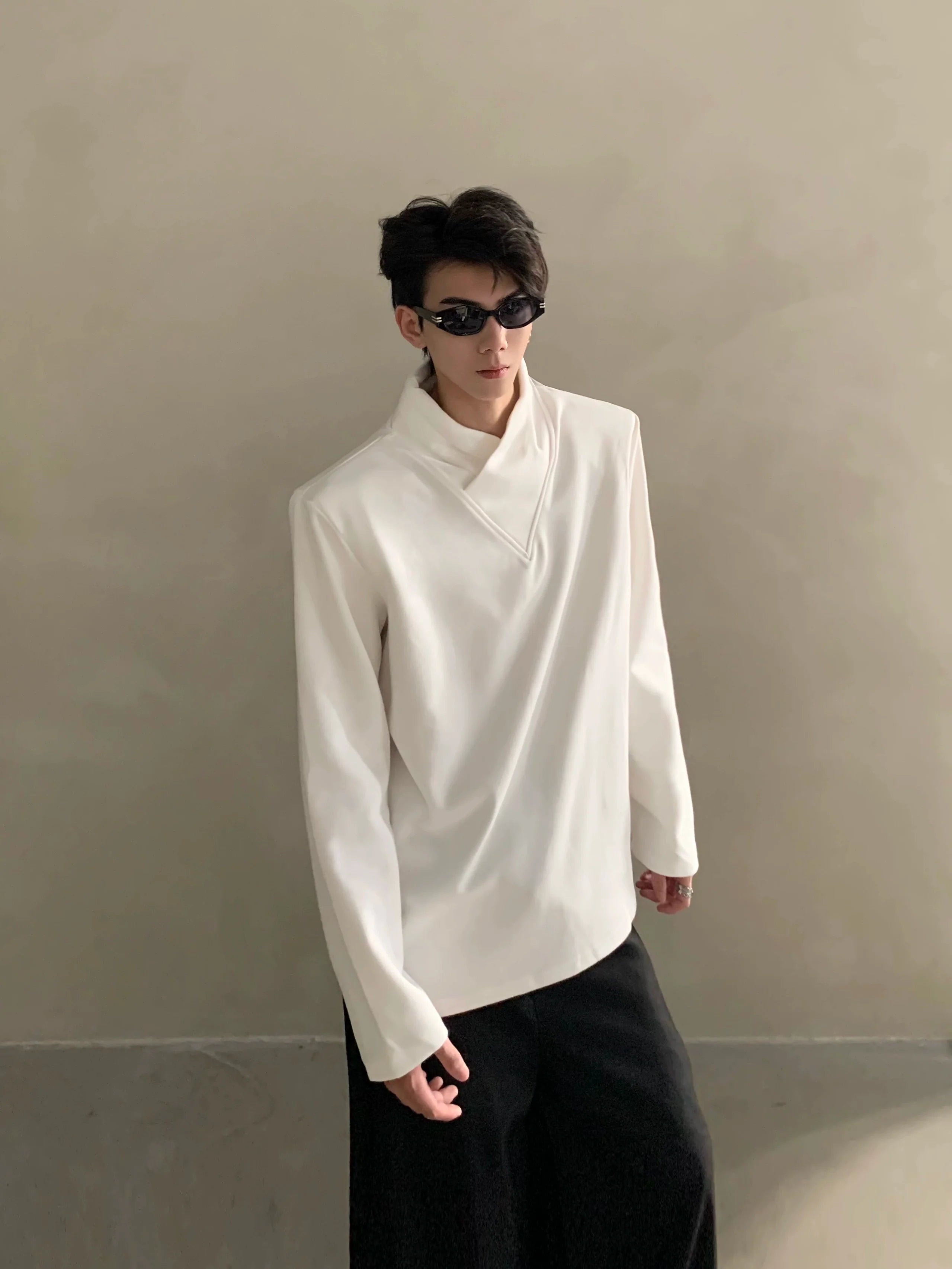 Autumn niche high-end sense stack collar silhouette long-sleeved T-shirt men's loose heavy ruffian handsome top