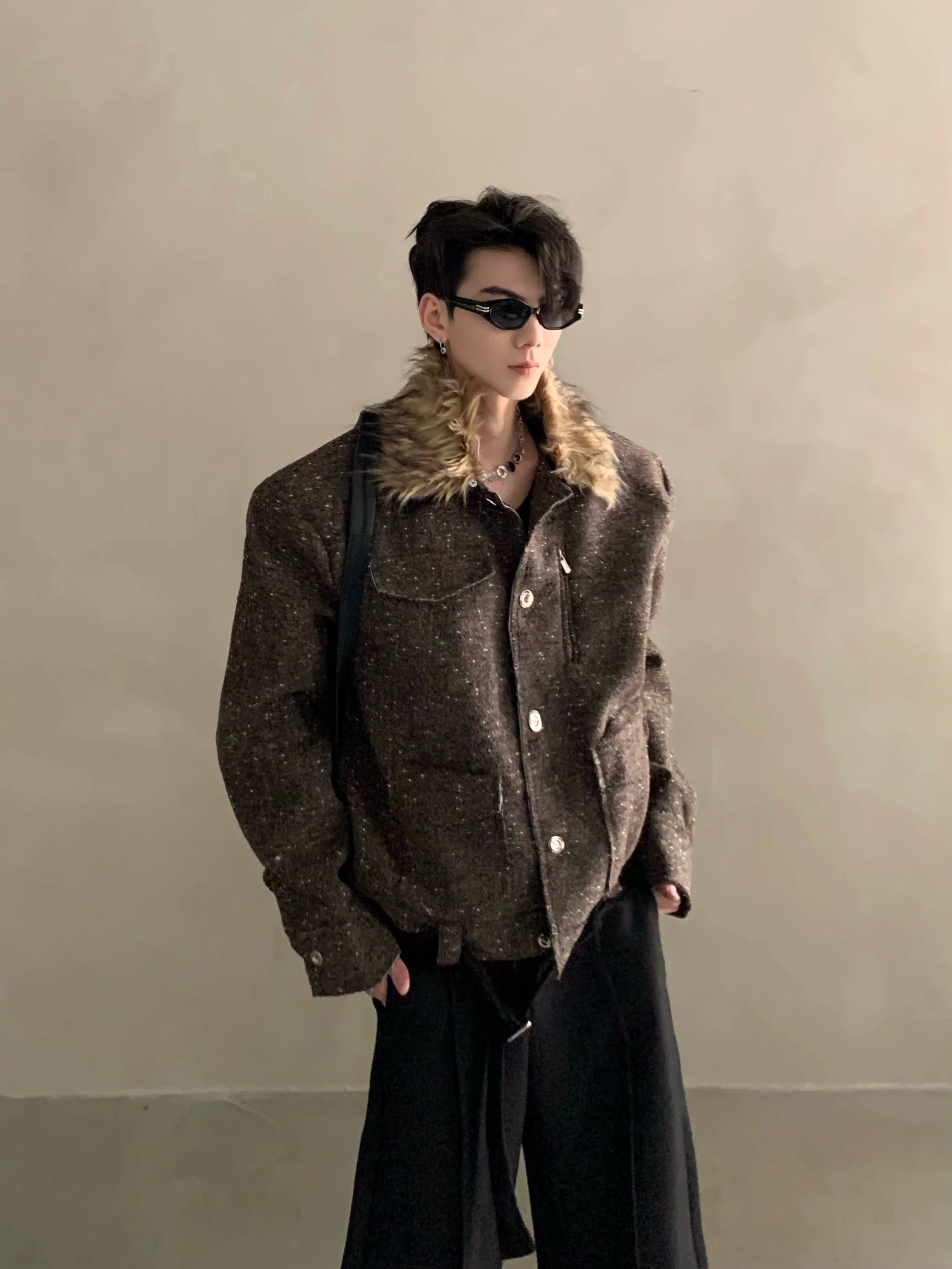 Winter niche light luxury fur collar shoulder padded small fragrant jacket men's high-end short padded jacket