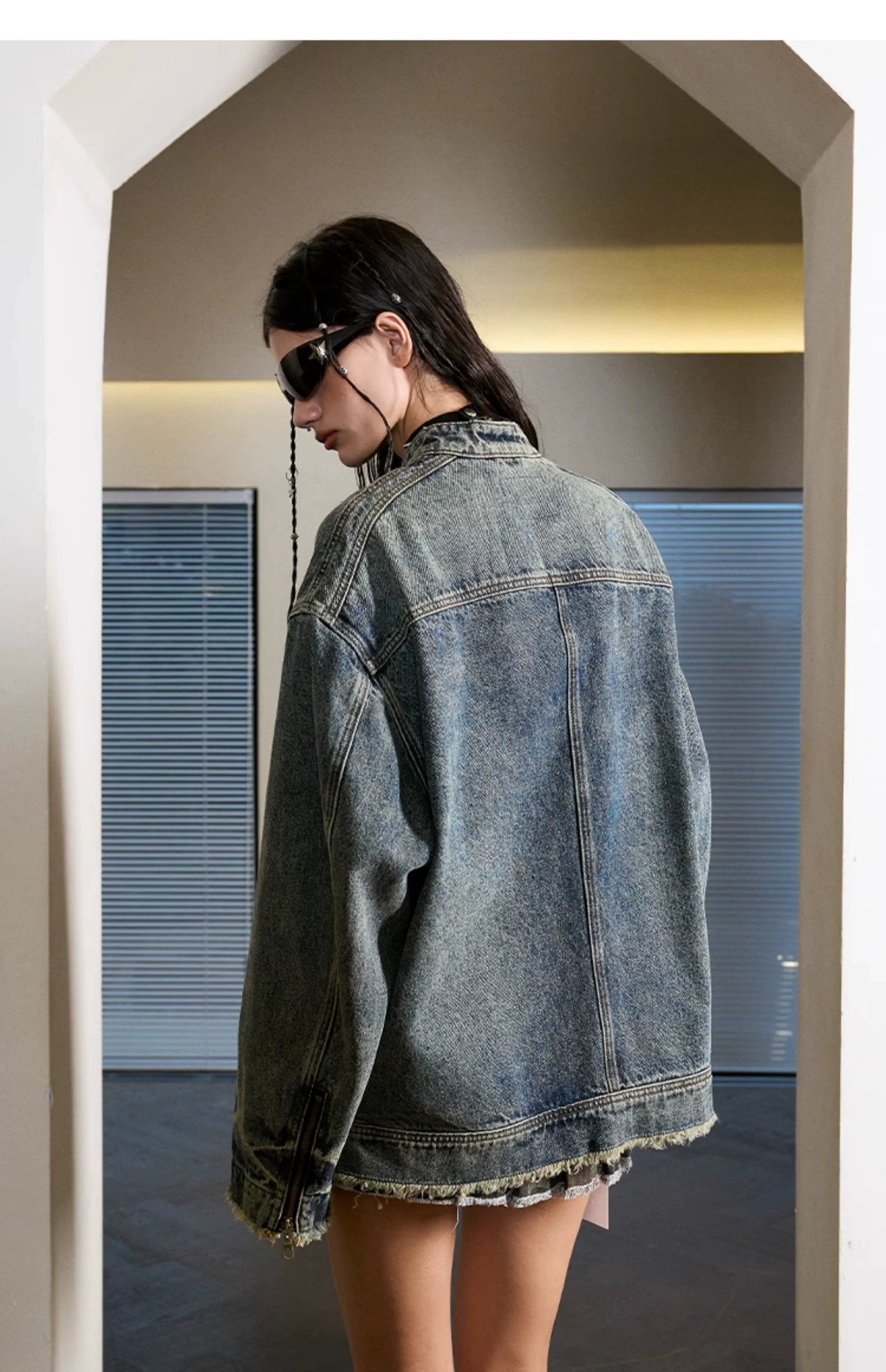 Heavy washed denim jacket American high street stand-up collar jacket SIN0992