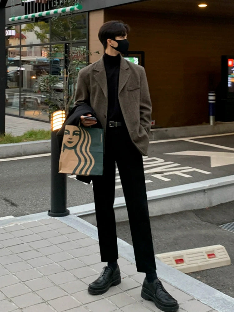 남성용 가을/겨울 한국 스타일 루즈핏 두툼한 고급 울 블레이저 상의