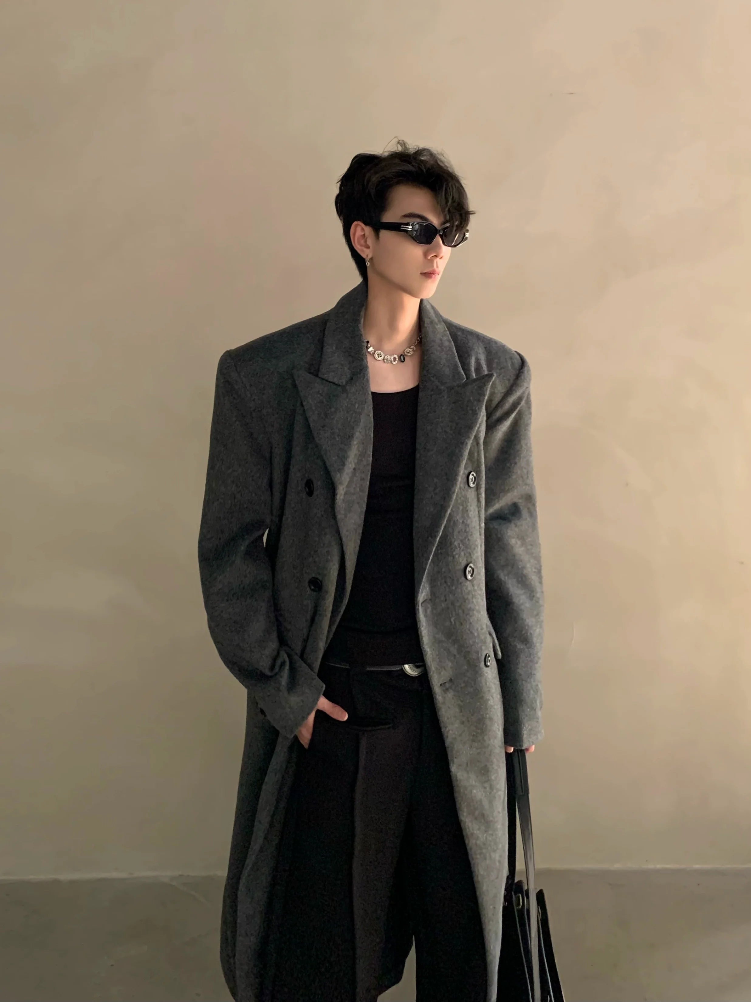 겨울용 어깨 패드 실루엣 울 코트, 남성용 긴 더블 브레스트 프리미엄 트렌치 코트