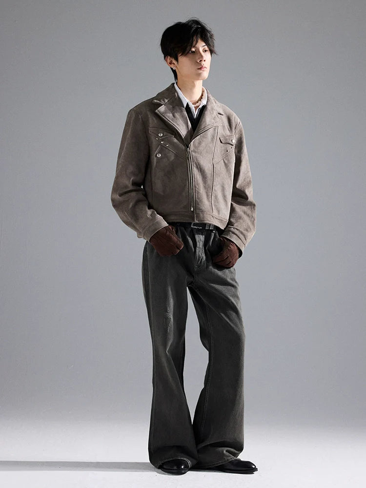 Suede Western "Rivet Short Wide Gun Barge Collar Versatile Boxy Deconstructed Suede Jacket