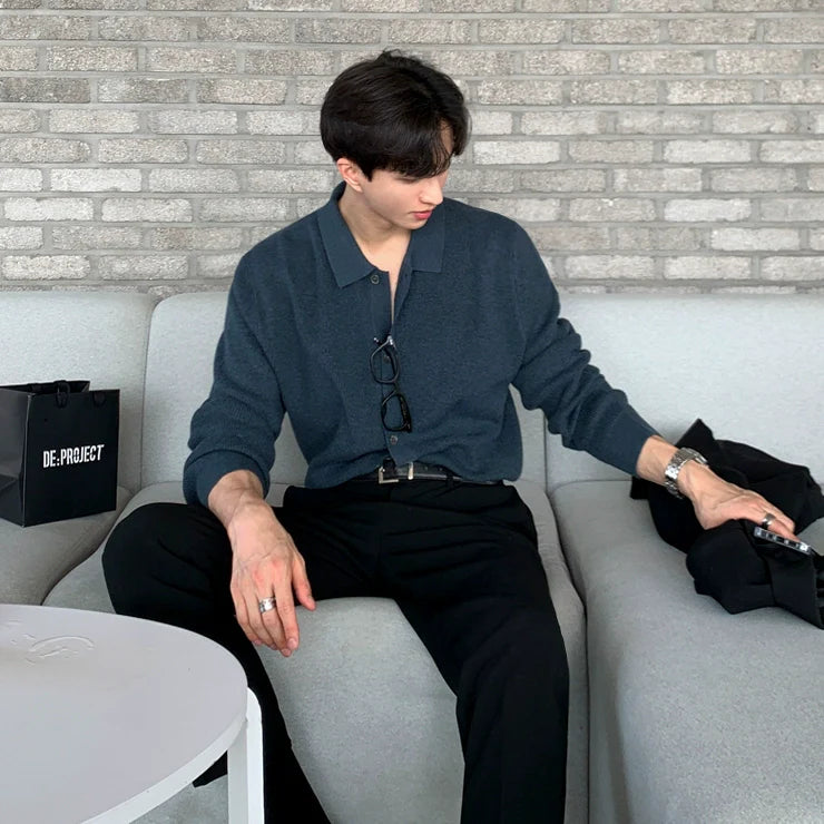 남성용 봄/가을 한국 스타일 루즈핏 트렌드 라이트 립 아우터 긴팔 니트 폴로 셔츠 가디건 스웨터