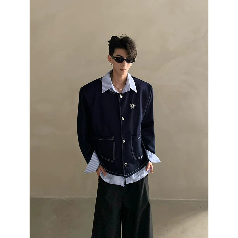 Autumn light luxury high-end fake two-piece splicing design shirt male ruffian handsome shoulder padded jacket jacket