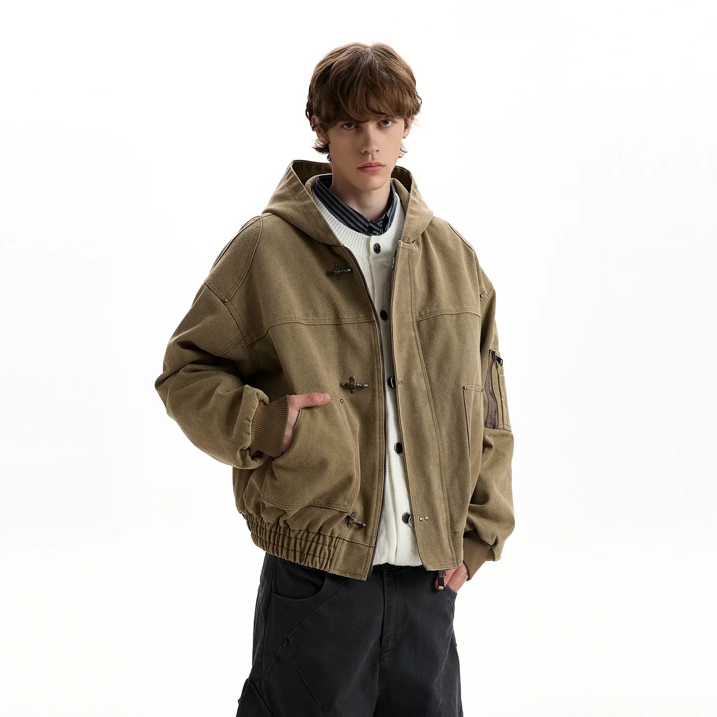 Vintage washed old plane buckle design hooded jacket SIN0952