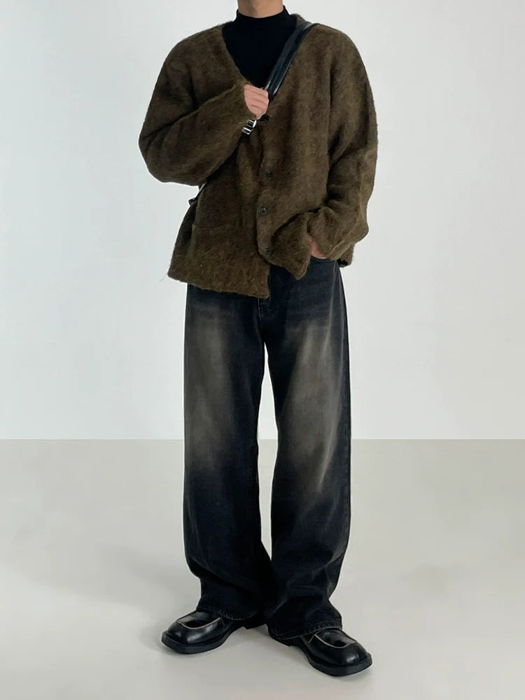 Retro washed drape thickened jeans men's autumn and winter new Korean loose wide-leg straight pants