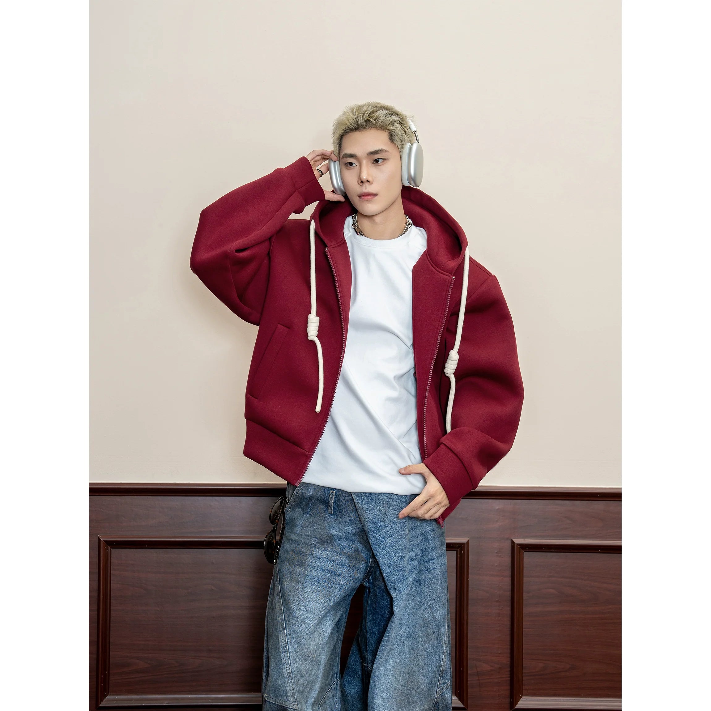 Handmade braided rope solid color hooded American casual sweater men's spring 500g heavy loose cardigan jacket