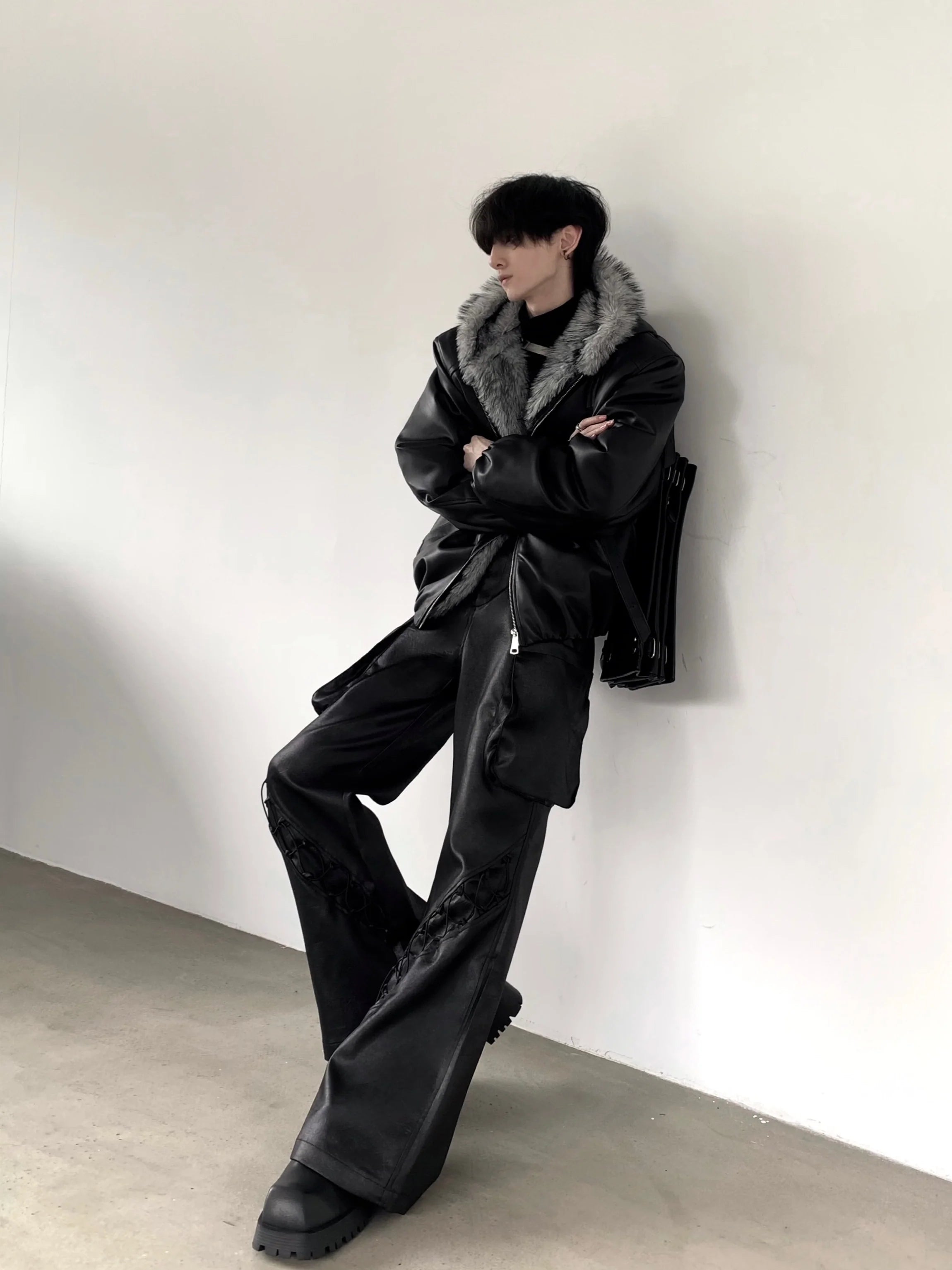 Wolf King Mountain Eagle Hooded Big Fur Collar Thick Jacket Men's Winter Fleece Premium Visual Leather Jacket