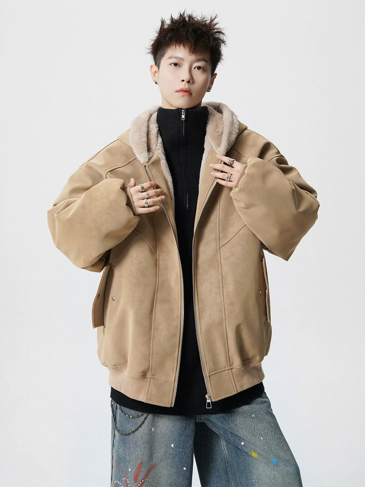 American velvet seat mountain carving cotton-padded jacket men's winter new trendy brand loose high street thickened warm hooded cotton jacket