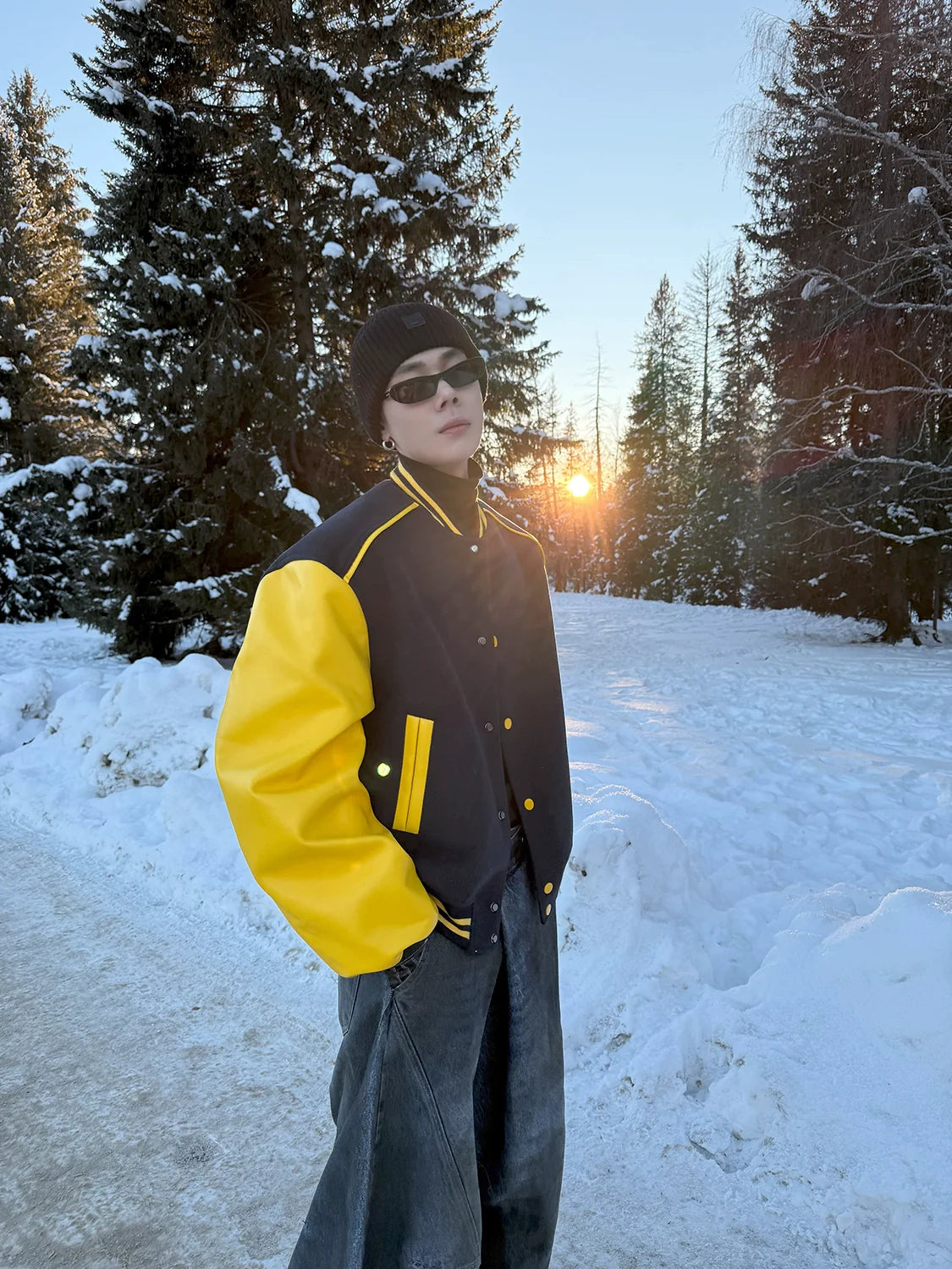 American contrasting leather baseball jersey men's personality silhouette wide shoulder short jacket jacket tide