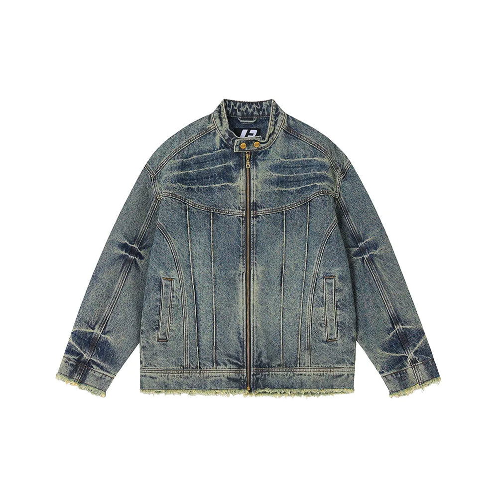 Heavy washed denim jacket American high street stand-up collar jacket SIN0992