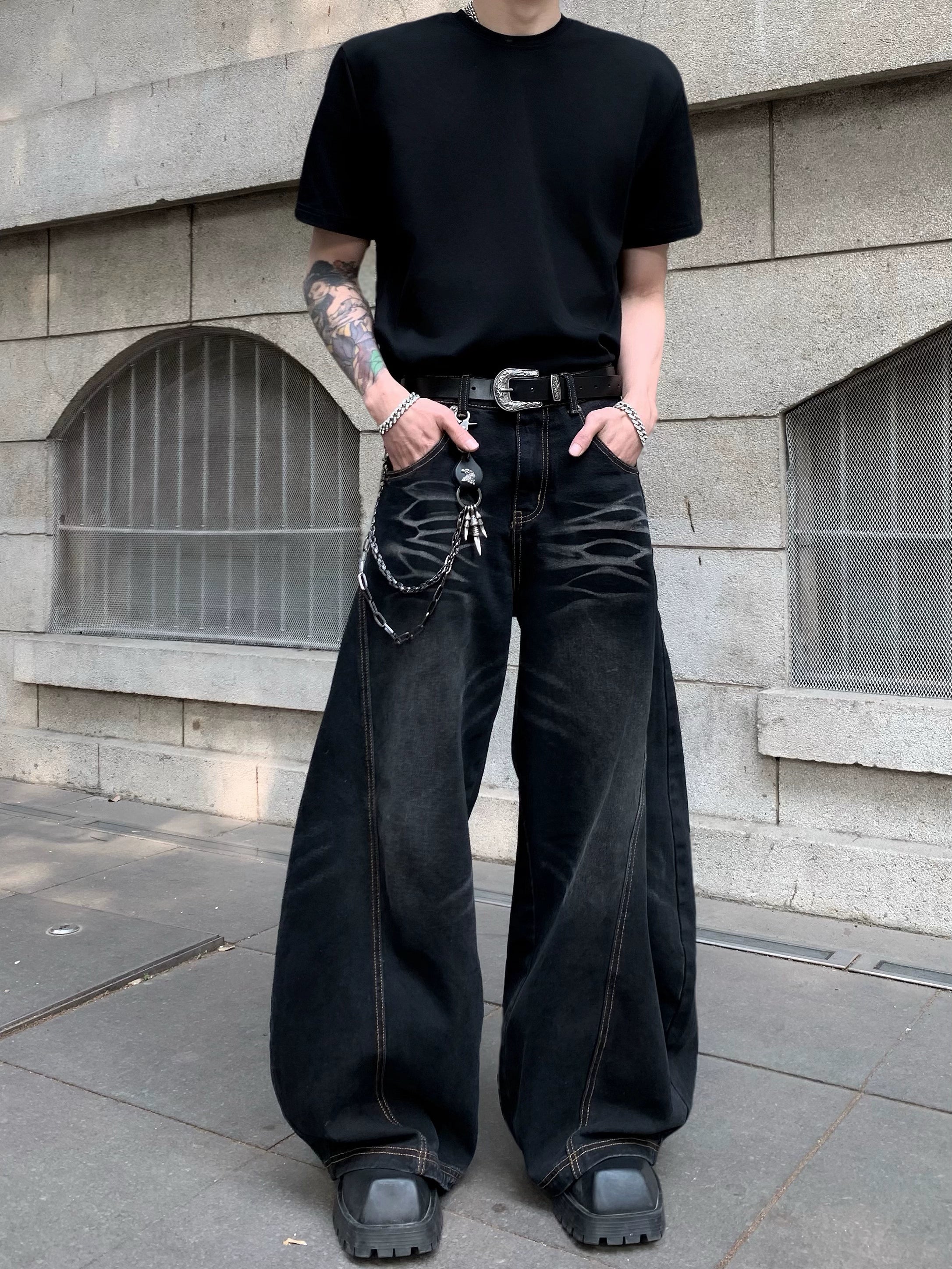 American high street lazy relaxation scimitar pants men's design sense cleanfit jeans high sense