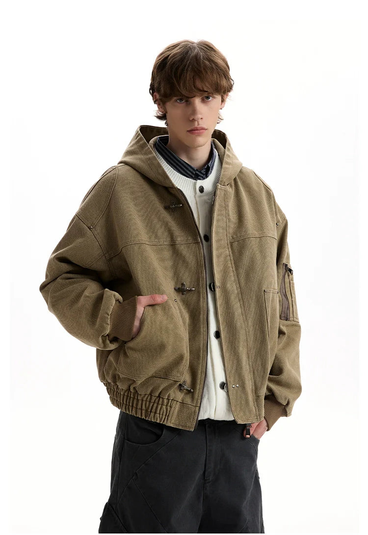 Vintage washed old plane buckle design hooded jacket SIN0952