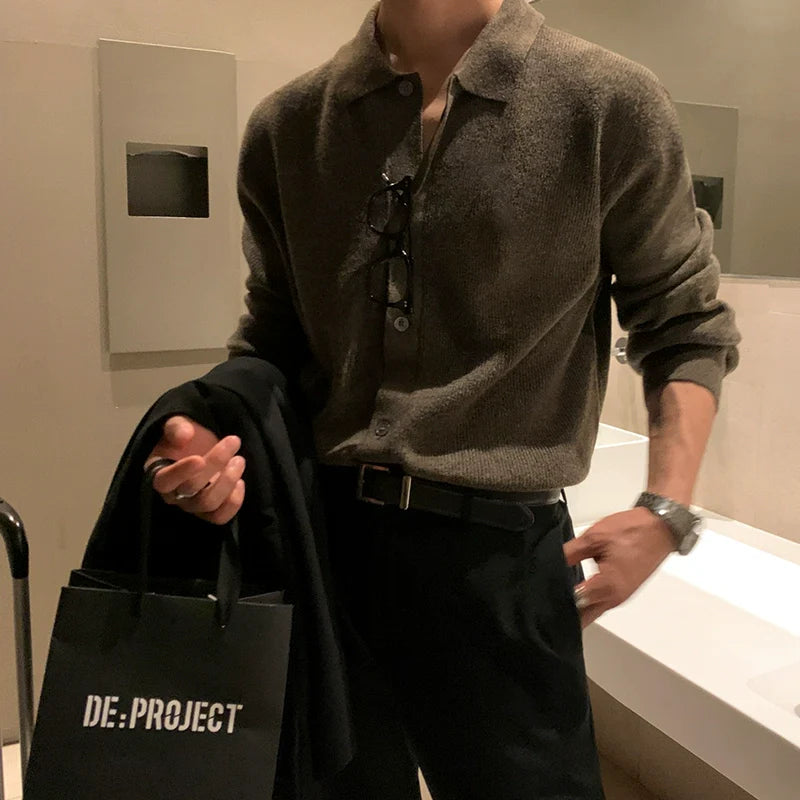남성용 봄/가을 한국 스타일 루즈핏 트렌드 라이트 립 아우터 긴팔 니트 폴로 셔츠 가디건 스웨터