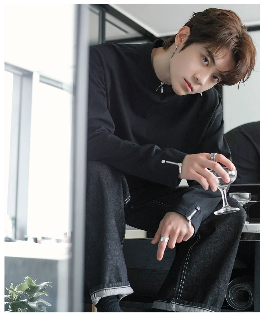 Men's spring zipper design sense inner bottoming shirt thin white long-sleeved T-shirt tide