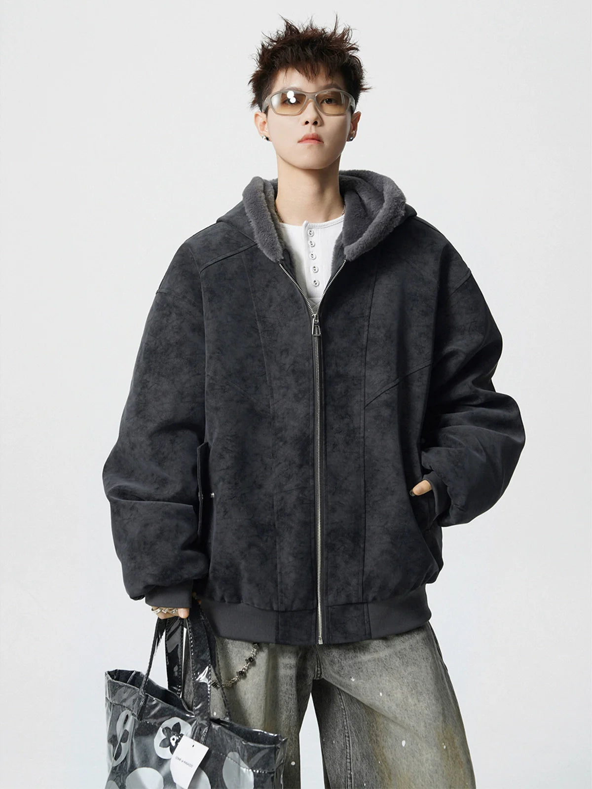 American velvet seat mountain carving cotton-padded jacket men's winter new trendy brand loose high street thickened warm hooded cotton jacket