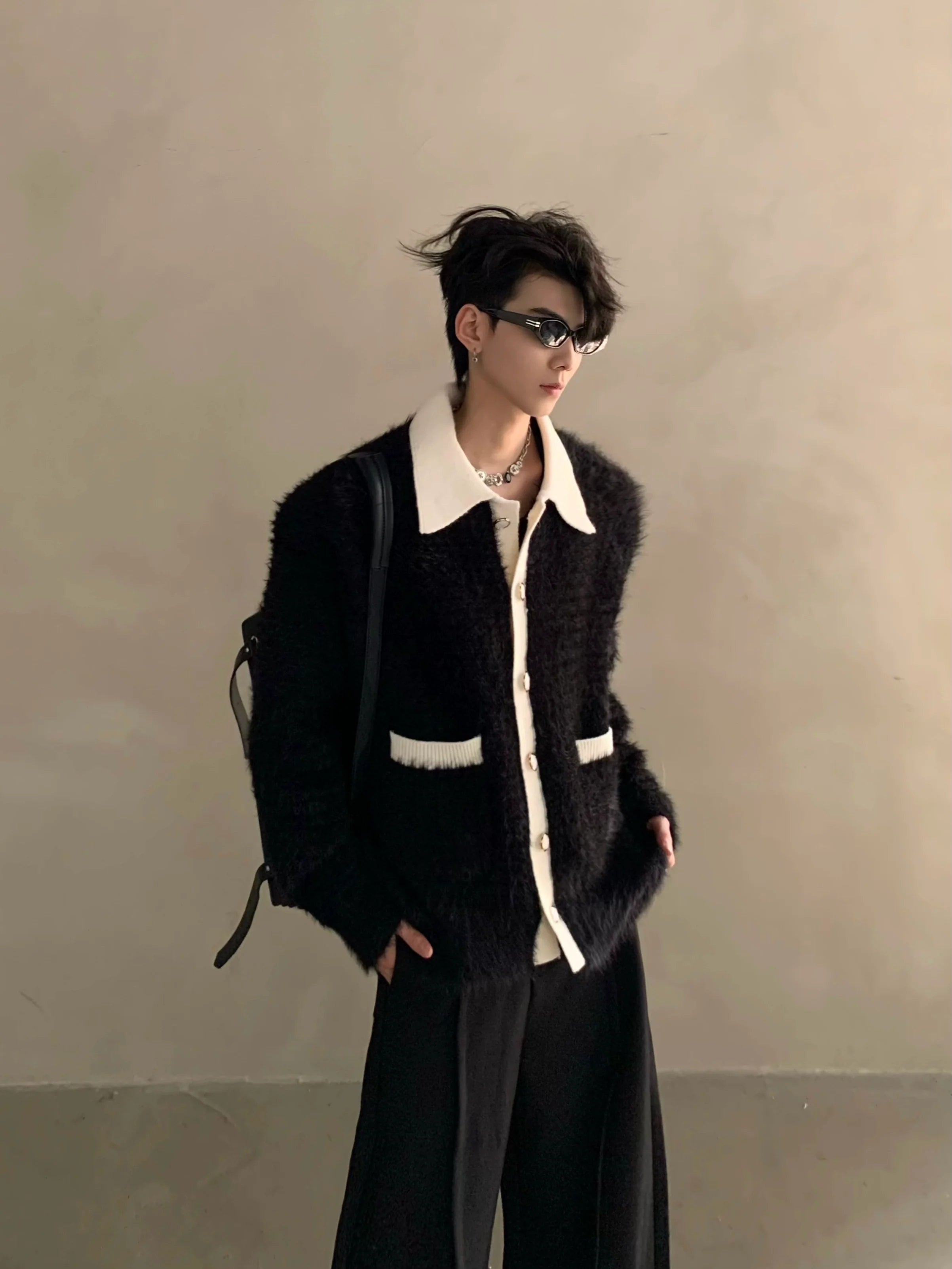 Winter extravagant atmosphere small fragrant lapel knitted cardigan men's heavy button sweater jacket