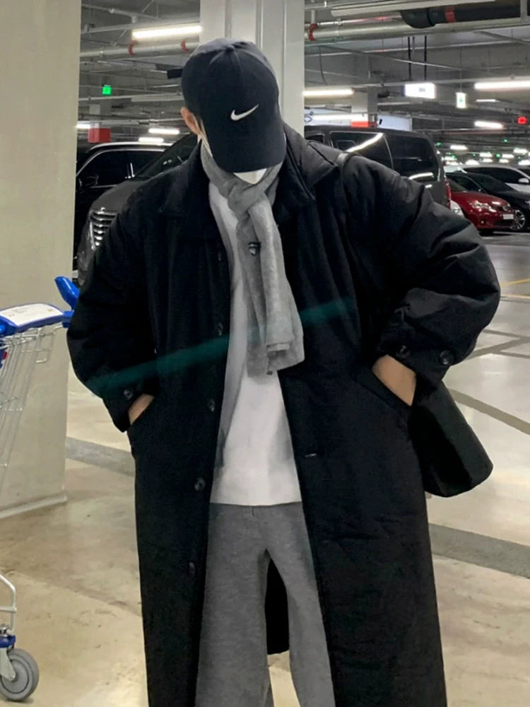 고급 남성용 겨울 무릎 길이 면 패딩 코트 재킷, 한국풍 루즈핏 두꺼운 라펠 면 의류