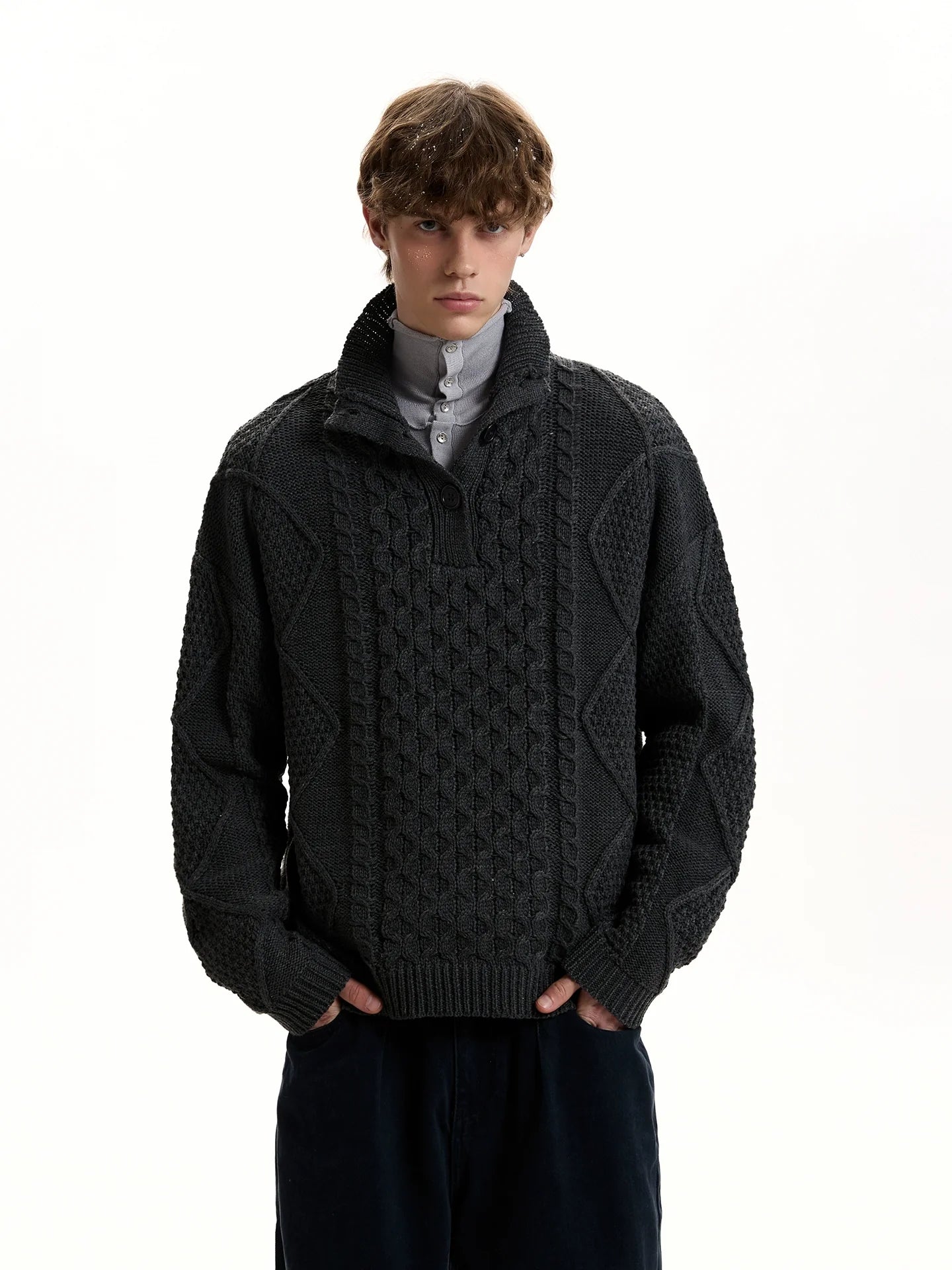 Schwerindustrie-Strickpullover mit Stehkragen, grob gestrickt, SIN0961