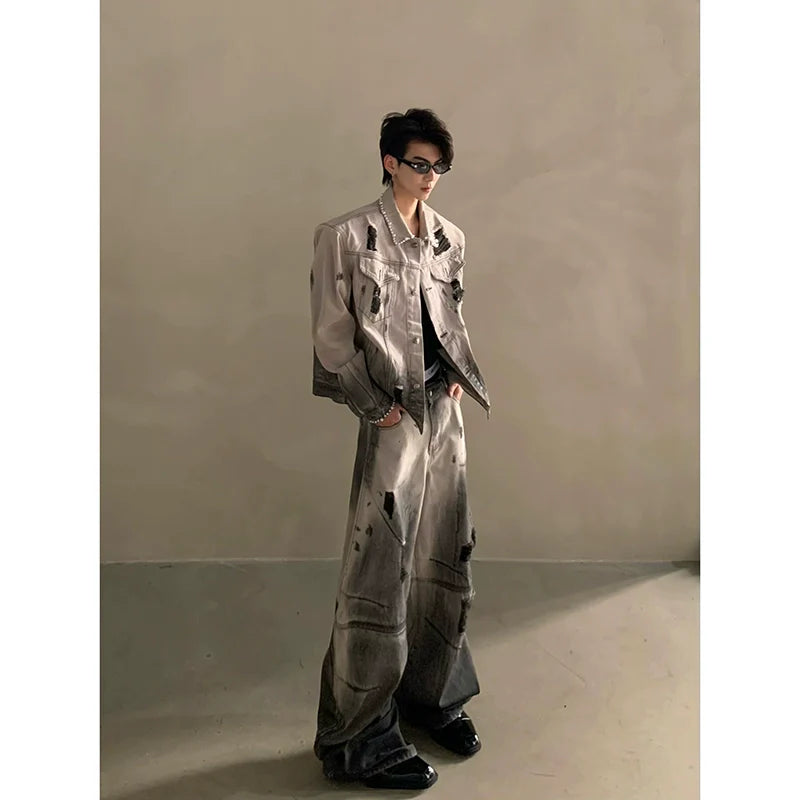 Niche waste soil tie-dye hole design shoulder padded denim jacket men's high-end suit tide