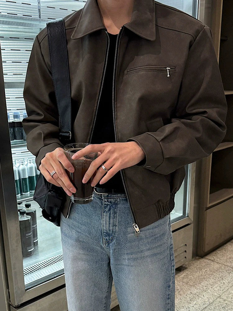 미국 레트로 스타일의 남성용 가을 루즈핏 가죽 재킷, 루즈핏 라펠 가죽 재킷, 한국 트렌드의 멋쟁이 남성복